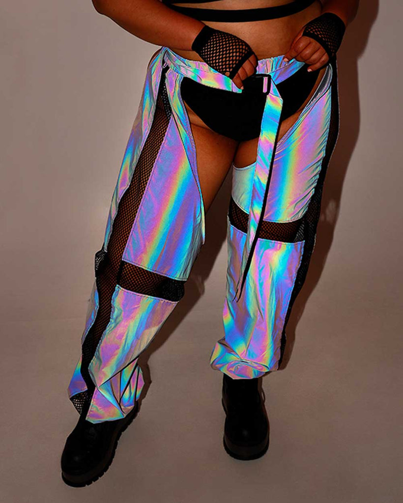 False Alarm Fishnet Rainbow Reflective Chaps-Curve1-Rainbow-Reflective--Silvia---1X