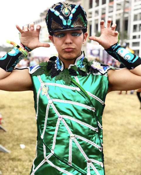 raver in full custom green festival outfit