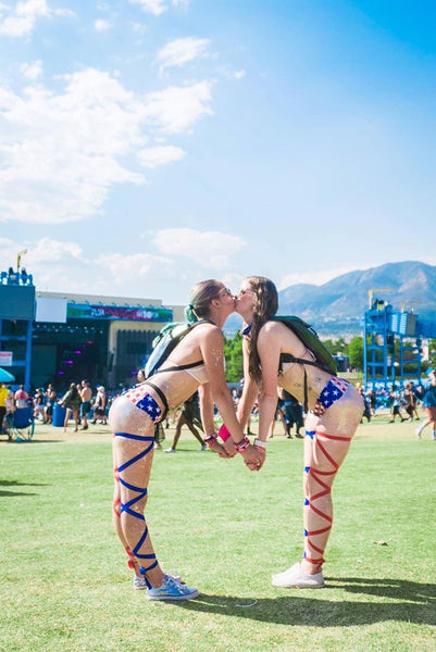 Hard Summer 2017 rave girls wearing matching american themed music festival rave outfits