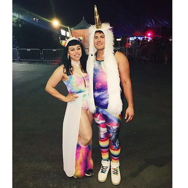 @aliciahernandance and @villahilario matching couple unicorn rave outfits costumes