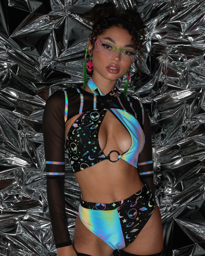 Autopilot Rainbow Reflective Mesh Ultra Crop Top-Black-Lifestyle--Quinn---S