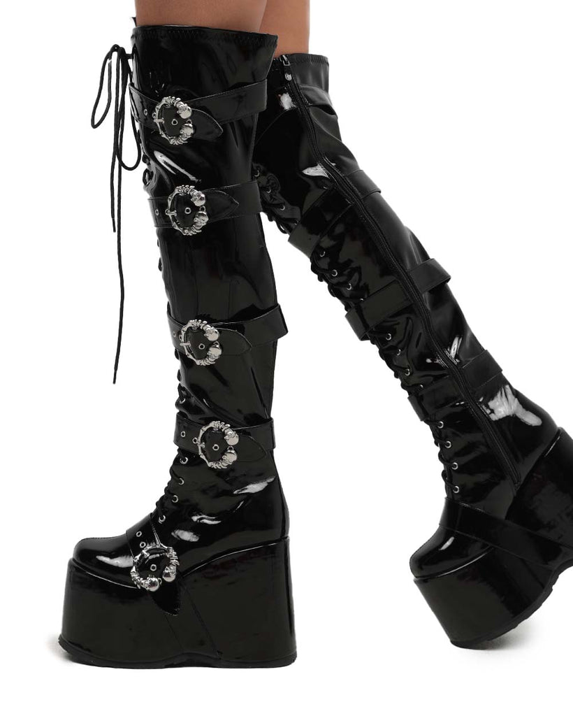 Black Arcade Dreams Buckled Knee-High Boots-Black-Side