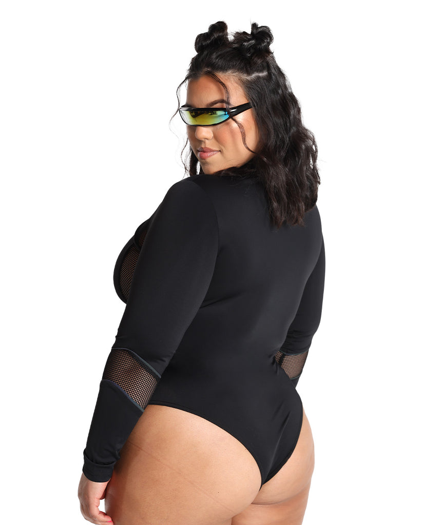 Dark Meets Light Rainbow Reflective Bodysuit-Curve1-Black-Back--Silvia---1X