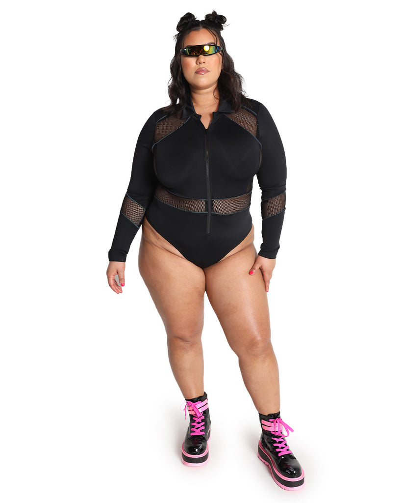 Dark Meets Light Rainbow Reflective Bodysuit-Curve1-Black-Full--Silvia---1X