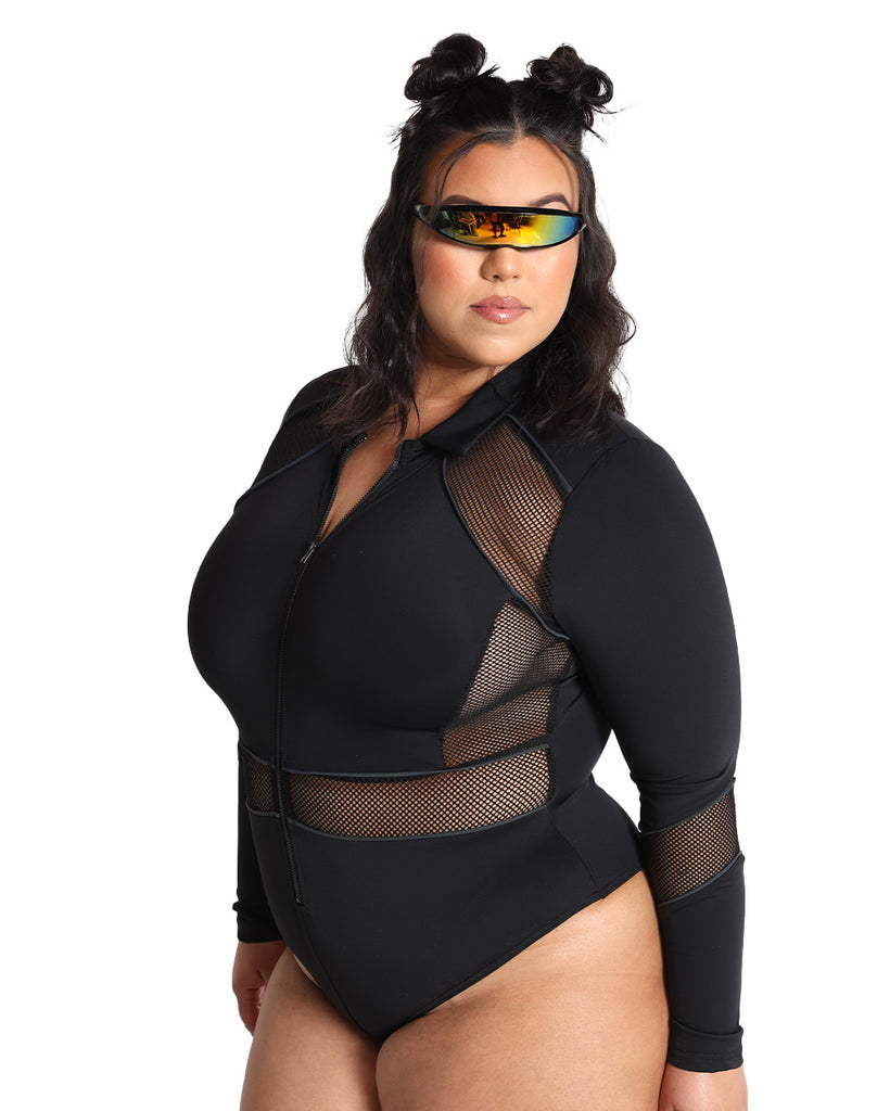 Dark Meets Light Rainbow Reflective Bodysuit-Curve1-Black-Side--Silvia---1X