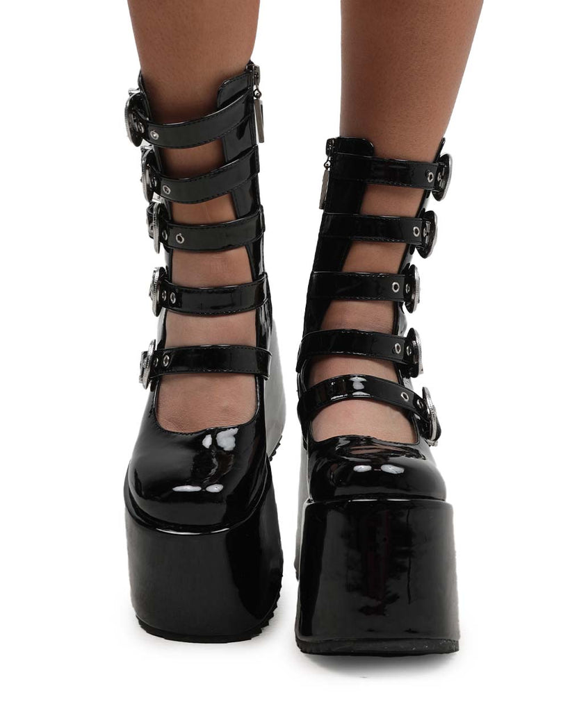 Dark Side Buckle Platform Boots-Black-Front