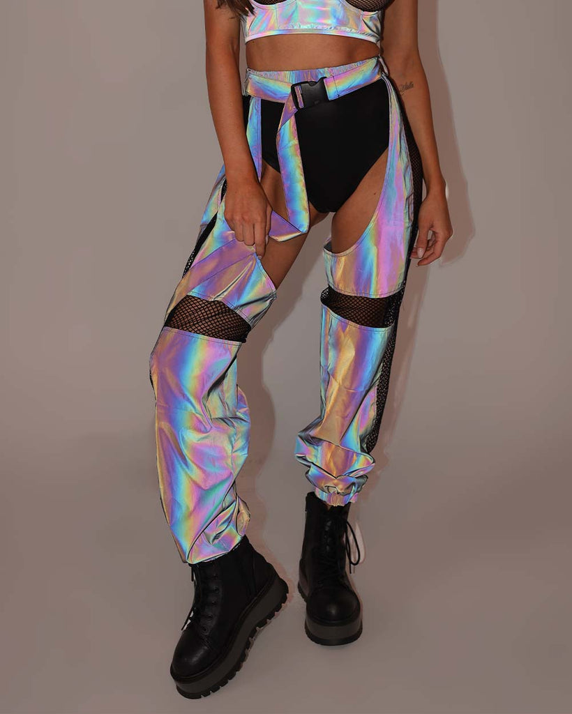 False Alarm Fishnet Rainbow Reflective Chaps-Rainbow-Reflective