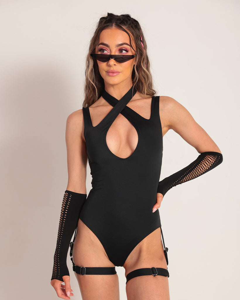 U Could Never Halter Bodysuit with Leg Garters-Black-Front--Hannah---S