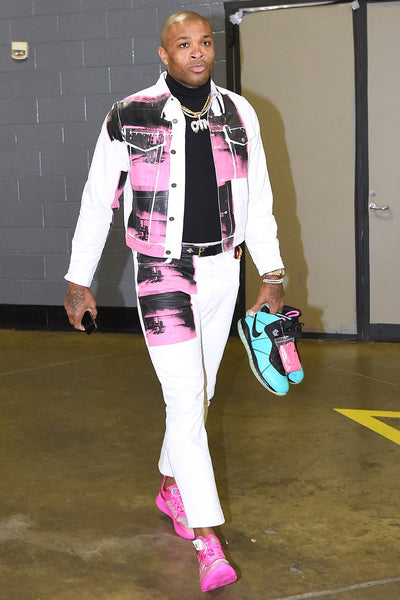 PJ Tucker in a printed white suit