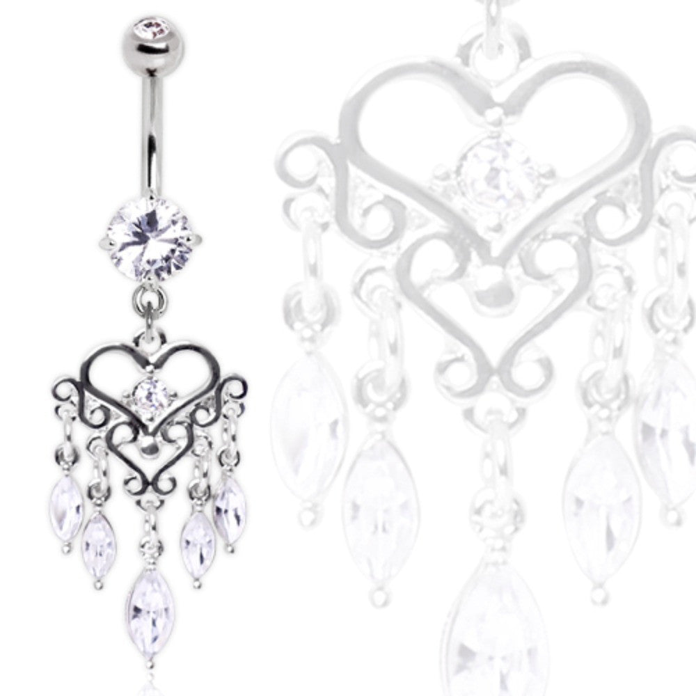 316L Surgical Steel Gemmed Chandelier Heart Dangle Navel Ring