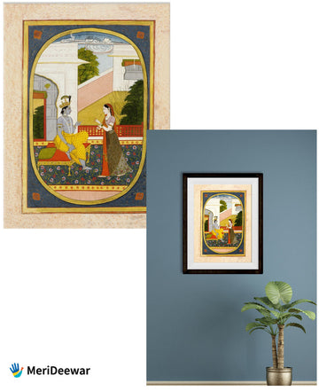 The relationship of Radha and Krishna is very well known. This artwork depicts them talking in their courtyard.