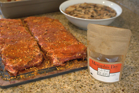 rub that rubs gourmet spices - preparing ribs for the green egg, wood chips soaking.