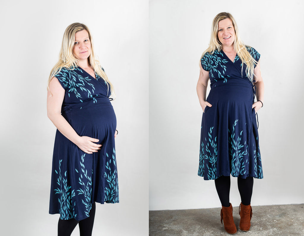 blue zero waste and ethical maternity wrap dress with a willow inspired print by tonlé