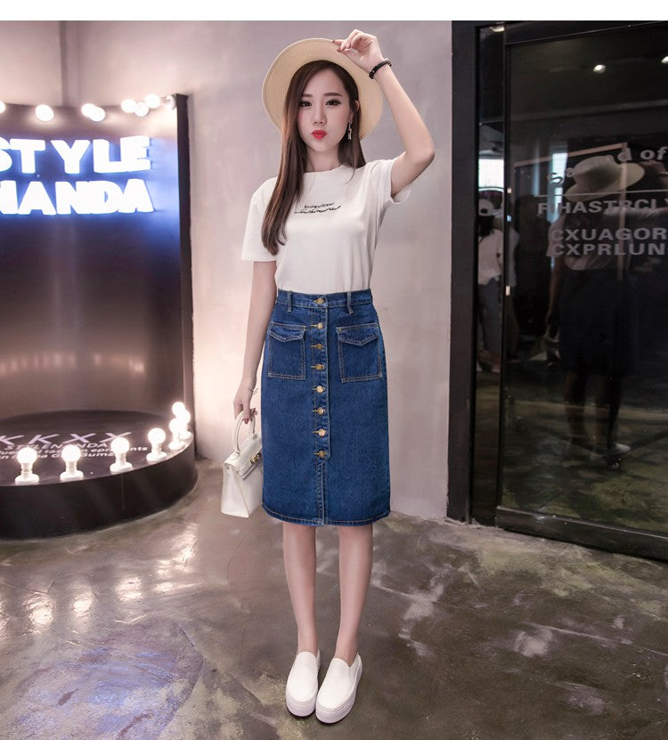 กระโปรงยีนส์แต่งกระดุมหน้า - Front Buttons Pencil Denim Skirt