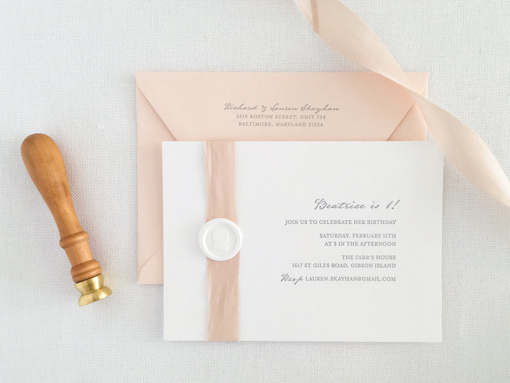Letterpress First Birthday Party Invitations featuring silhouette wax seal and silk ribbon