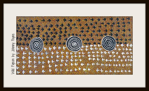 Traditional pieces such as this 90cm x 45cm panel by the late Harold Payne also tell specific stories with their symbolism. Painted by Ilkawerne elder, this piece denotes wild pigeon tracks; white arrows are the pigeons walking on the sand and black ones are dried bush plums that have fallen from trees nearby Aremela, a sacred rock hole. What makes this piece extra special is its imperfections.    