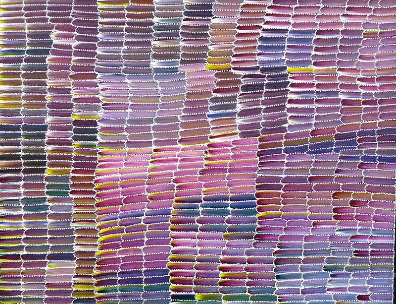Vibrant magenta and blue Desert Yam painting by Jeannie Mills Pwerle, 120cm x 90cm