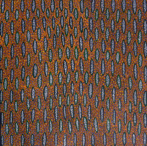 Orange and green dot painting by Michelle Lion Kngwarreye