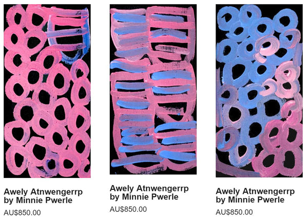 Minnie Pwerle paintings pink and blue set