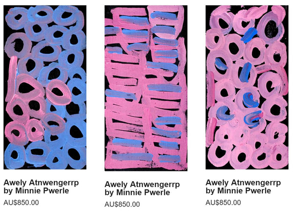 Minnie Pwerle paintings pink and blue set