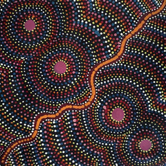 Small dot painting with four concentric circles by George Petyarre representing the Honey Ant Dreaming