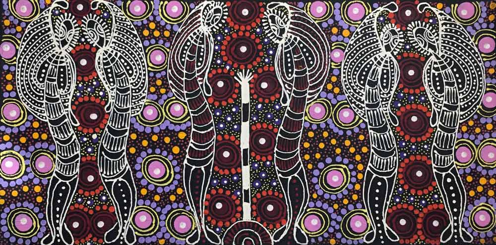 Pink and red Dreamtime Sisters painting by Colleen Wallace Nungari
