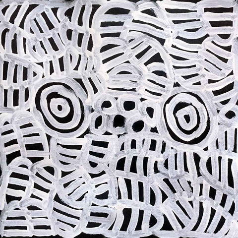Bold patterned, black and white Aboriginal painting by Betty Mbitjana