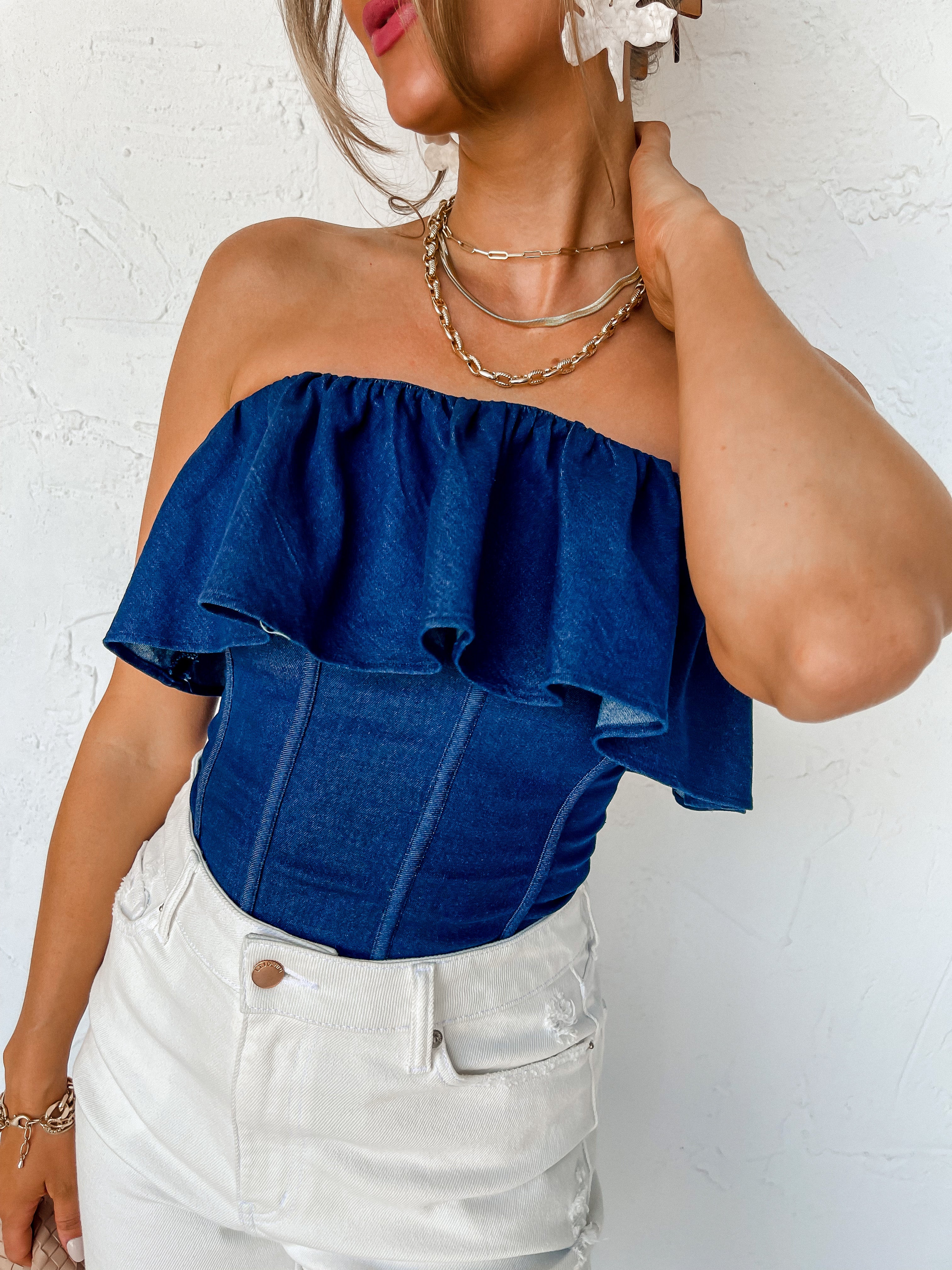 Maeve Denim Ruffle Corset Top