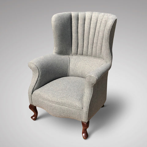 Edwardian barrel chair upholstered in a neutral grey wool herringbone tweed 