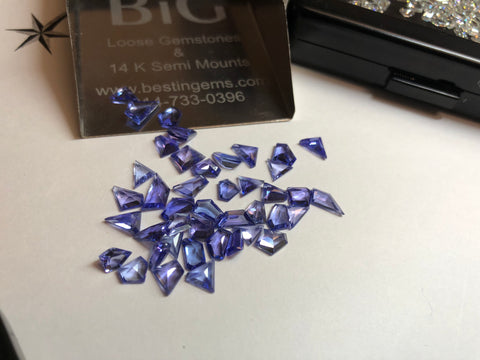 The tanzanite stones shown here have the characteristic rich blue-violet color of tanzanite and are hand-cut as geometric gemstones for our Fall/Winter 2018 Collection.
