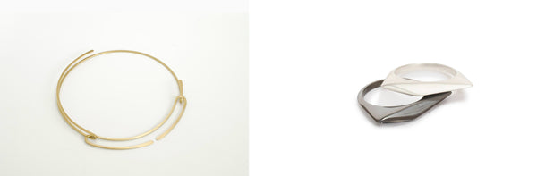 The Adduction Necklace Part II by Rodger Stevens (left) bears several striking similarities to the jewelry of Marion Cage, such as the Peak Rings (right), which illustrate Marion's architectural inspiration.