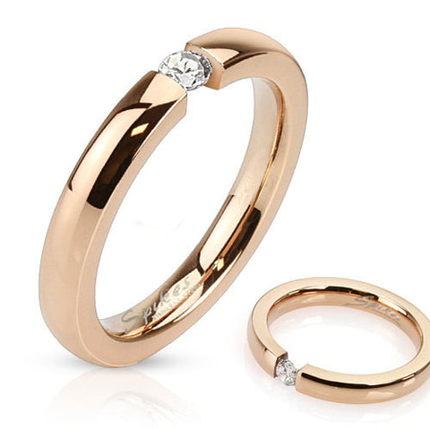 3mm Tension Band w/CZ Rose Gold IP Stainless Steel Band Ring - Zhannel