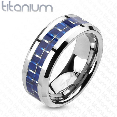 8mm Blue Carbon Fiber Inlay Ring Solid Titanium Men's Ring - Zhannel