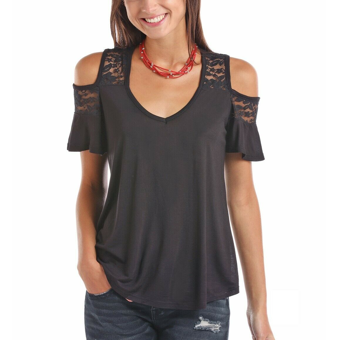 ladies black cold shoulder top