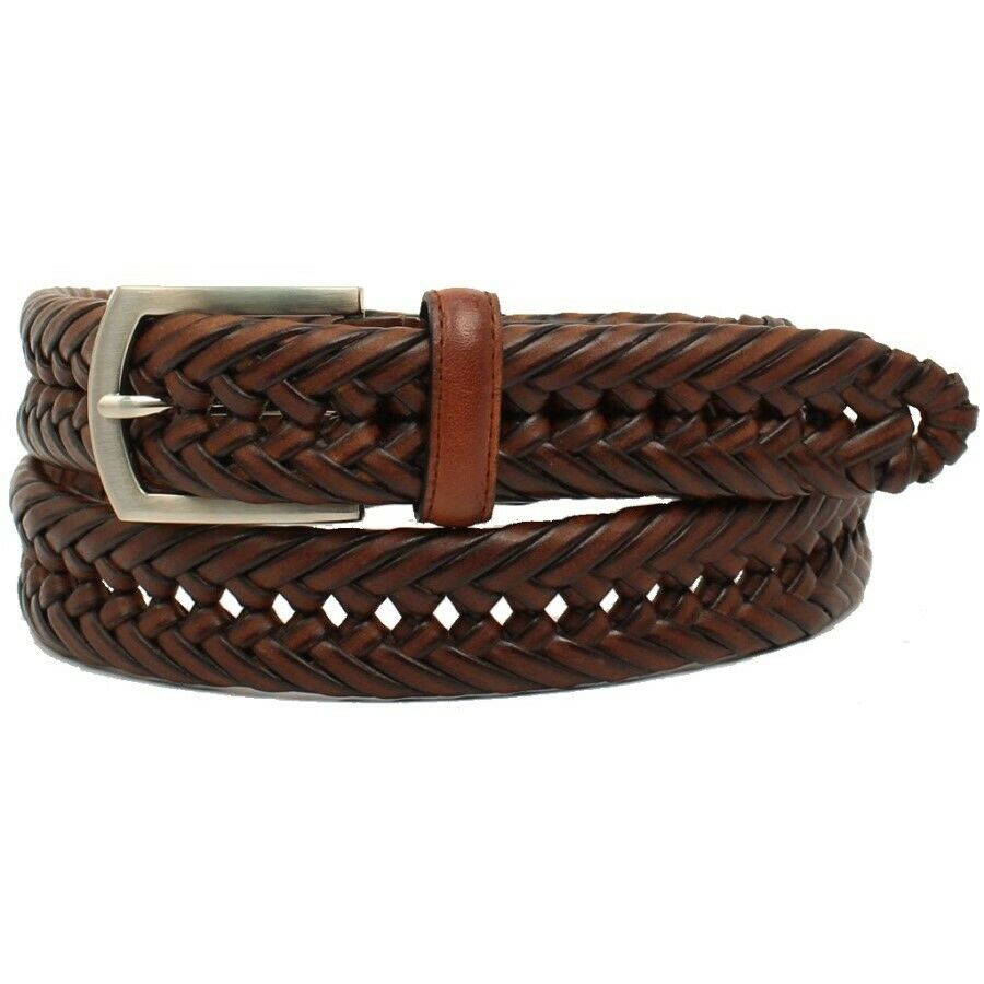 mens brown leather woven belt