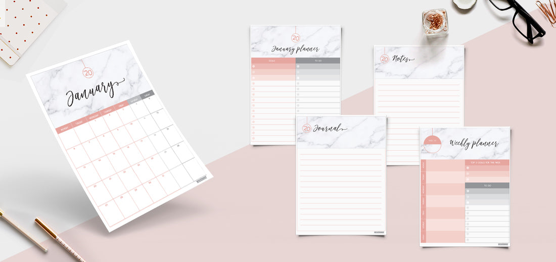 2020 free marble & blush printable calendar, monthly planner, weekly planner, notes pages and journal pages