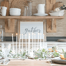 Gather personalized print framed and displayed in a boho, farmhouse dining room for thanksgiving