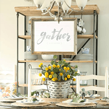 Gather personalized print displayed in a fall, Thanksgiving farmhouse styled dining room