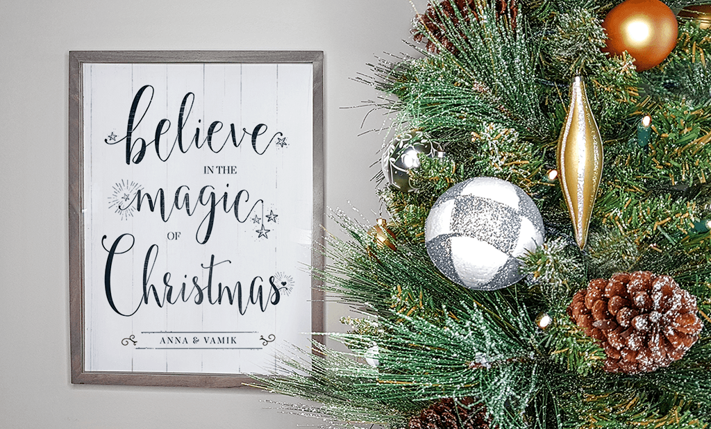 Believe Personalized Print displayed beside a Christmas tree