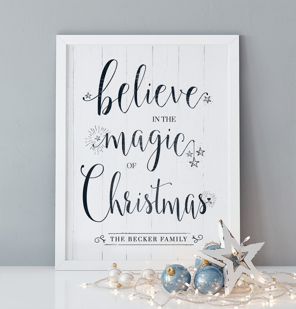 Believe In The Magic Of Christmas personalized print on a Christmas mantle with lights and balls