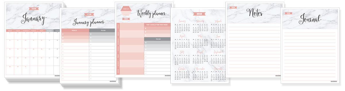 All 28 pages of the 2018 free printable calendar package: monthly calendar pages, monthly planner pages, weekly planner, 2018 grid calendar page, journal and notes pages.