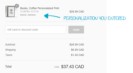 screenshot of the checkout and preview of the personalization being ordered