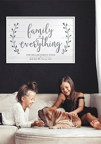 Family Is Everything Personalized Print in a family room setting on a black wall