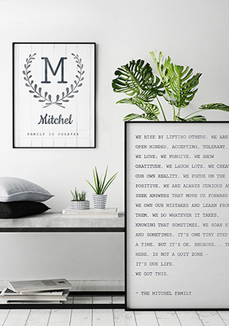 Family Manifesto Personalized Print and Family Is Forever Personalized Print in a minimalist neutral room