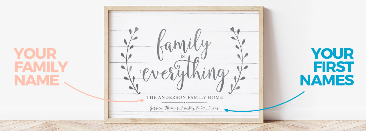Family Is Everything Personalized Print displayed in a rustic frame and showing where the first names and the family name goes on the print