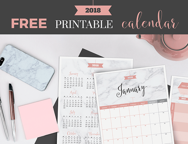 2018 Free Printable Calendar in Marble and Blush in a beautiful pink and white workspace