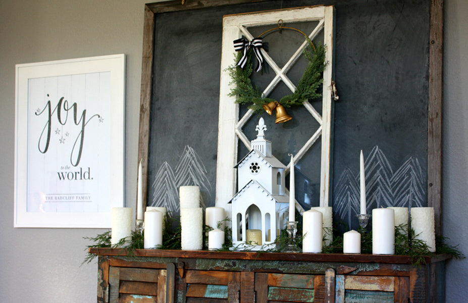 Christmas vignette with Joy To The World personalized print, rustic chalkboard and other farmhouse decor