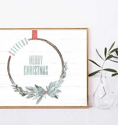 Merry Wreath personalized Christmas print in a minimalist room