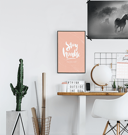 Stay Humble Personalized Print in Blush Marble in a modern workspace