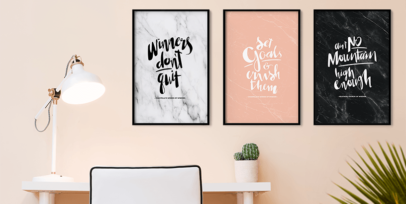 Winners Don't Quit, Set Goals and Crush Them, Ain't No Mountain High Enough - 3 personalized prints in a modern, blush workspace